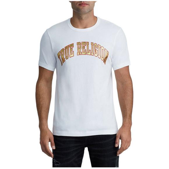 True Religion Men's Gold Metallic Foil Classic Logo Tee T-Shirt in Optic White - Picture 1 of 5